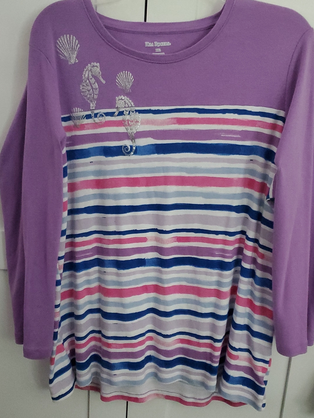 Kim Rogers Lavender & Navy Striped Long Sleeve Top with Sequin Seahorses